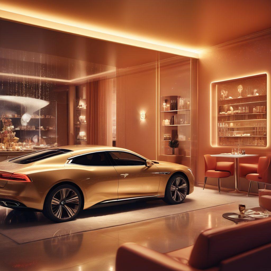 A modern, sleek digital landscape depicting a young couple engaged in a sugar dating scenario on their devices, surrounded by symbols of luxury like champagne, a sleek car, and a cozy café setting. Add a soft glow to symbolize online connection and include elements of technology such as chat bubbles and subscription icons. The colors should be warm and inviting to convey a sense of intimacy. vibrant colors. digital art. 3D.